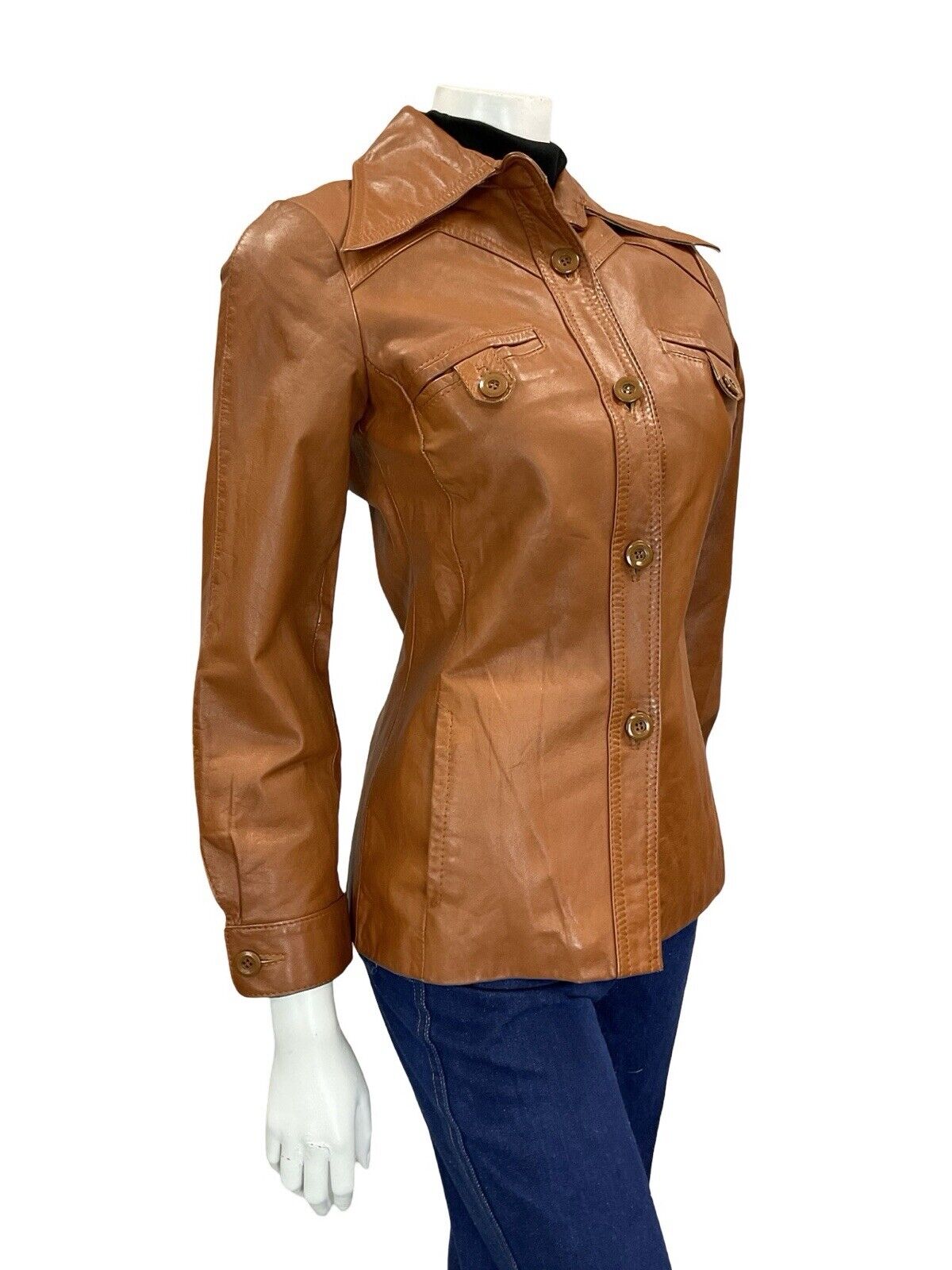 VTG 60S 70S TAN BROWN LEATHER SUPER WING DAGGER COLLAR LEATHER JACKET XS 6