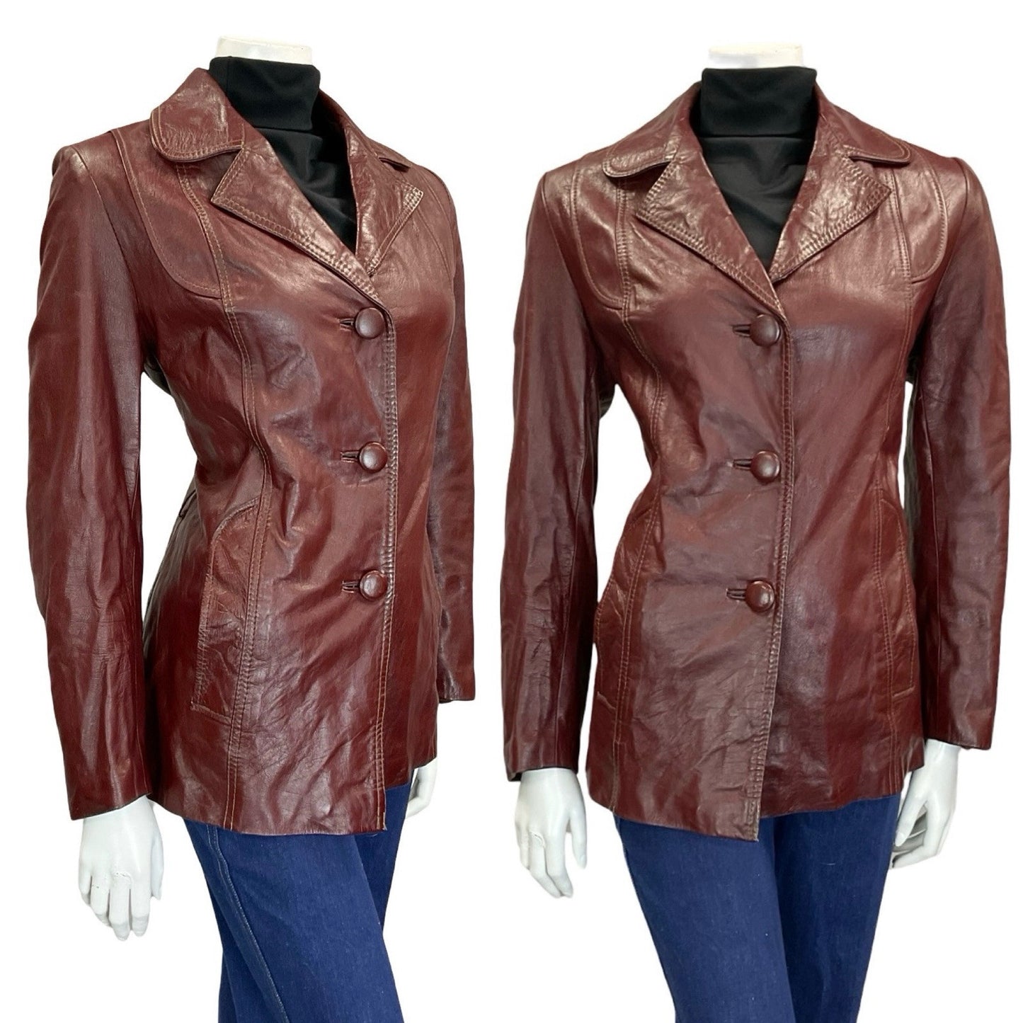 VTG 60S 70S OXBLOOD BURGUNDY RED BUTTON DOWN LEATHER BLAZER JACKET S 8 10