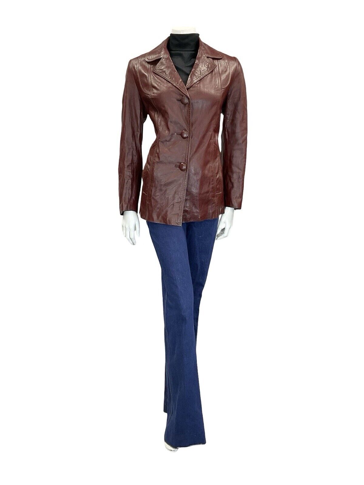 VTG 60S 70S OXBLOOD BURGUNDY RED BUTTON DOWN LEATHER BLAZER JACKET S 8 10