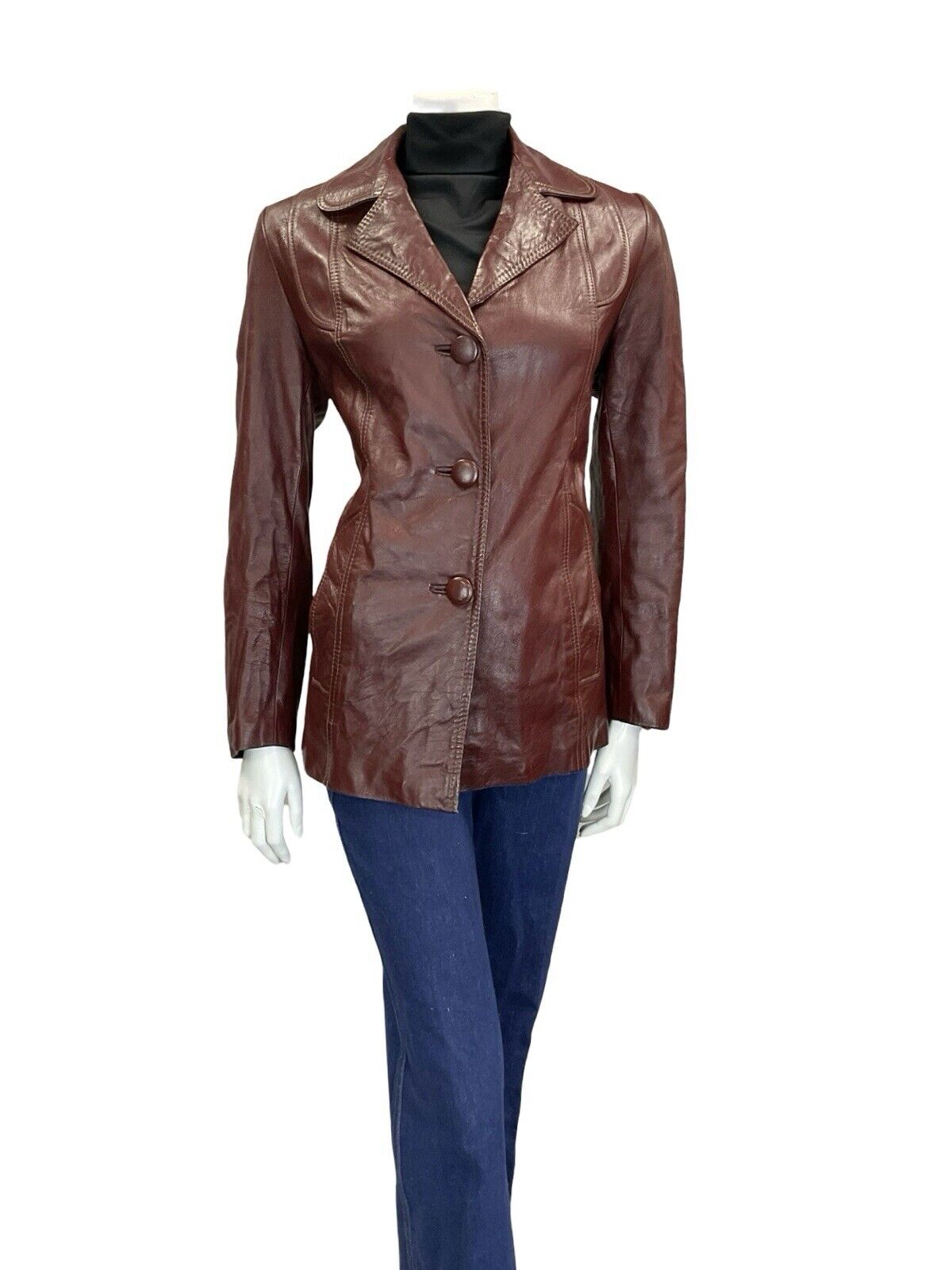 VTG 60S 70S OXBLOOD BURGUNDY RED BUTTON DOWN LEATHER BLAZER JACKET S 8 10
