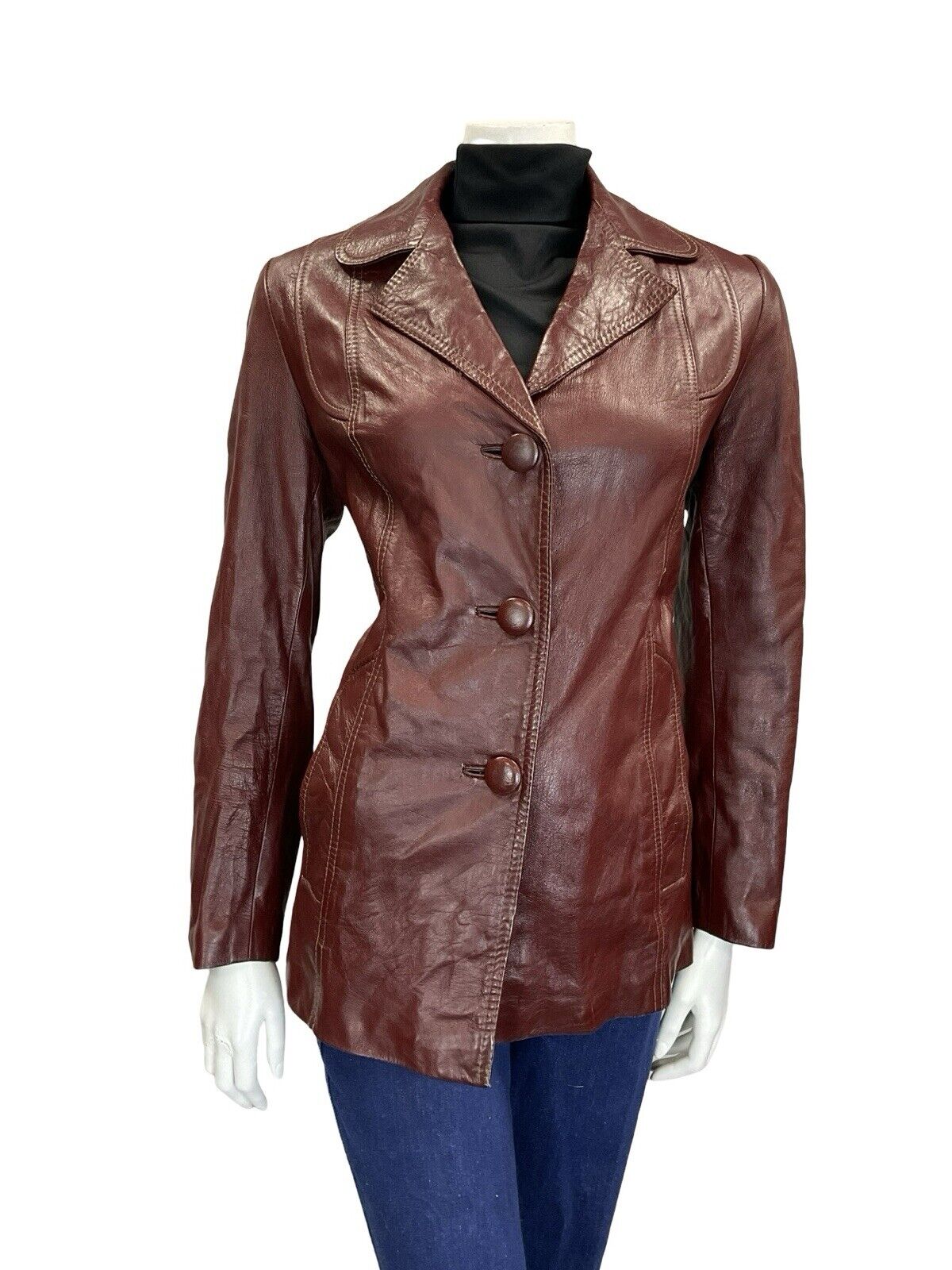 VTG 60S 70S OXBLOOD BURGUNDY RED BUTTON DOWN LEATHER BLAZER JACKET S 8 10