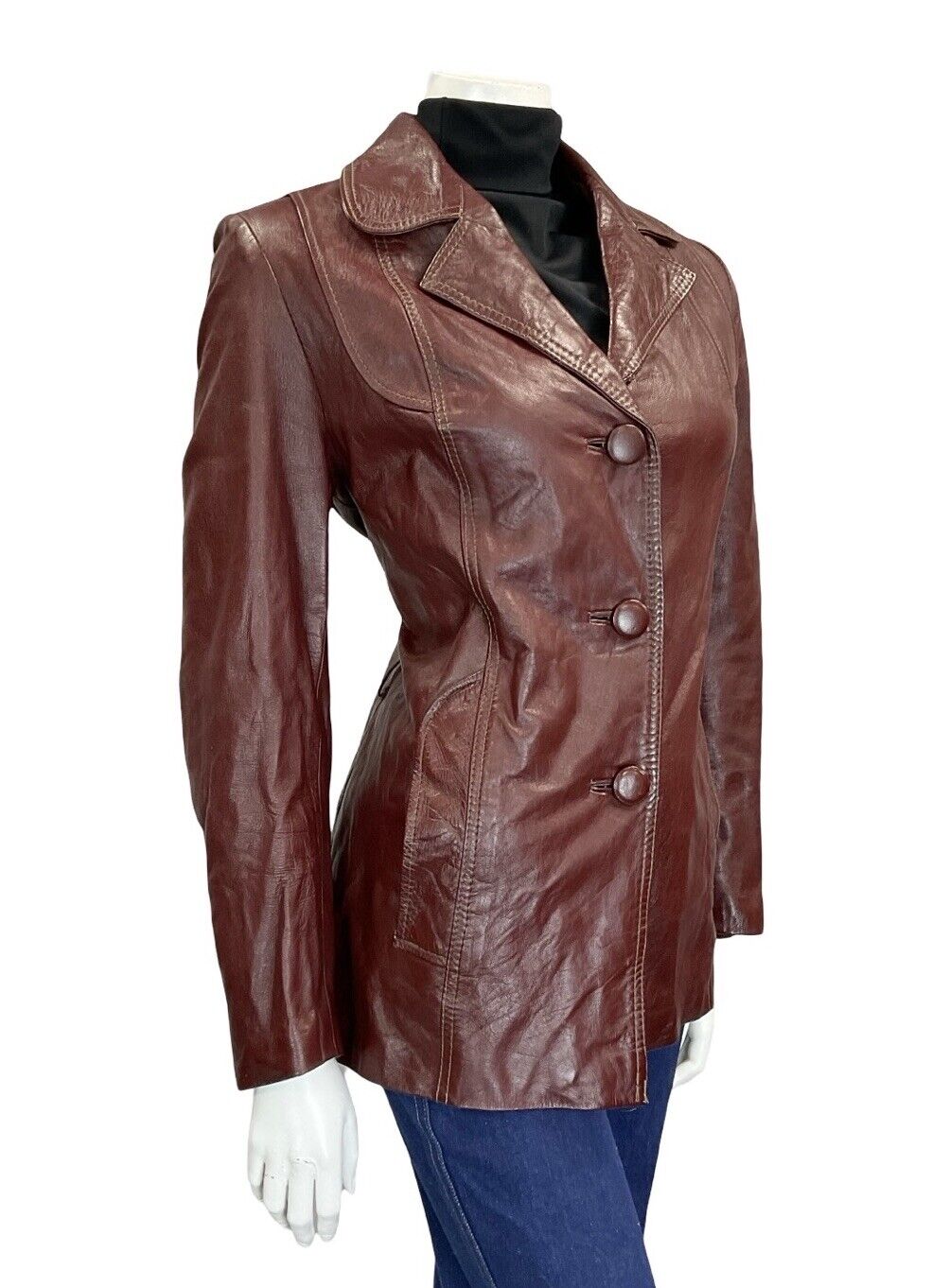 VTG 60S 70S OXBLOOD BURGUNDY RED BUTTON DOWN LEATHER BLAZER JACKET S 8 10