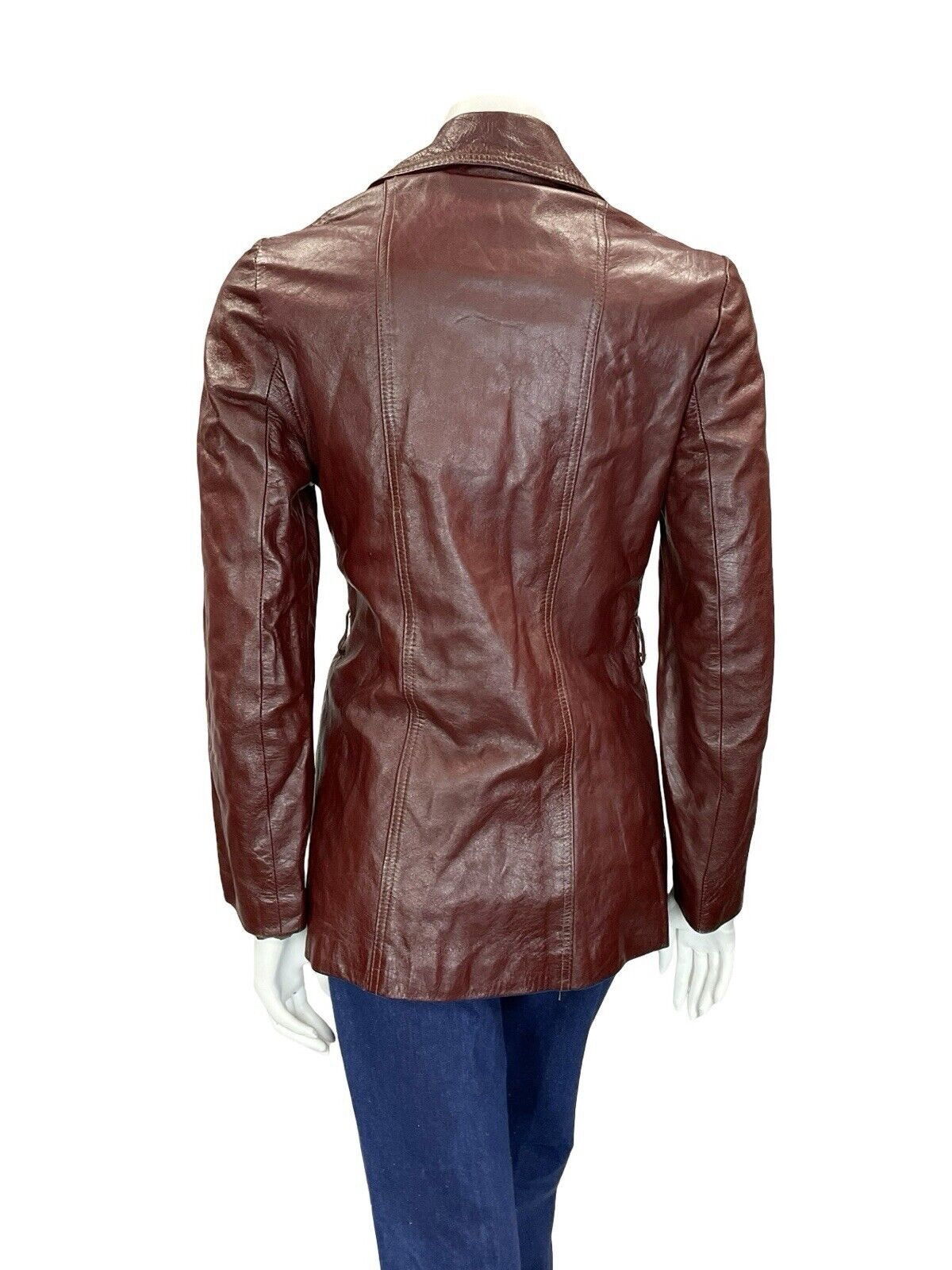 VTG 60S 70S OXBLOOD BURGUNDY RED BUTTON DOWN LEATHER BLAZER JACKET S 8 10