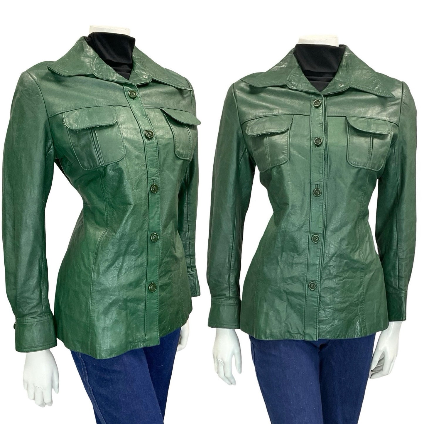 VTG 60S 70S FOREST GREEN DAGGER COLLAR BUTTON DOWN LEATHER JACKET 12 W POCKETS