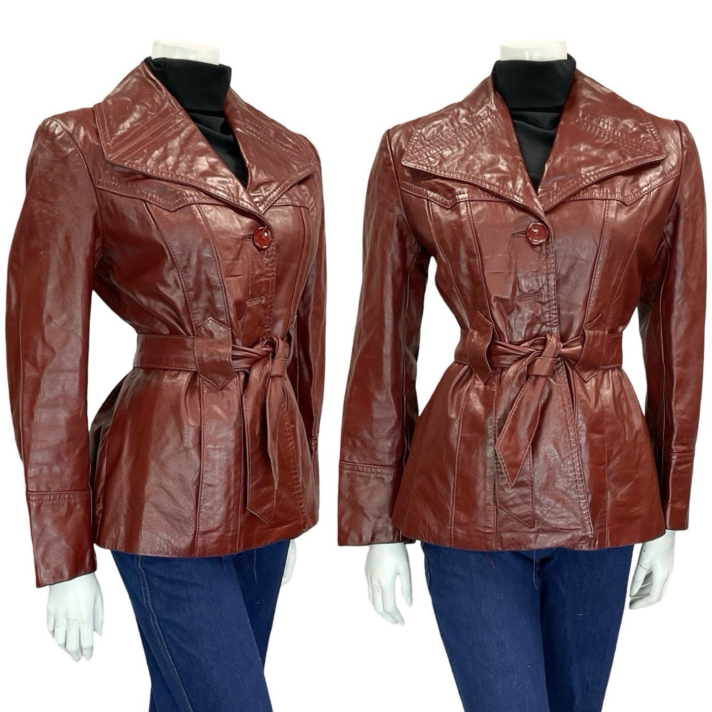 VTG 60S 70S OXBLOOD BURGUNDY RED TIE WAIST BUTTON DOWN LEATHER JACKET 12
