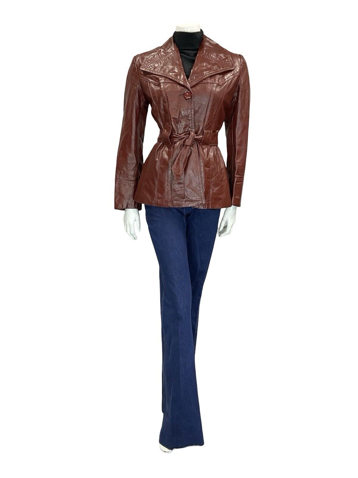 VTG 60S 70S OXBLOOD BURGUNDY RED TIE WAIST BUTTON DOWN LEATHER JACKET 12
