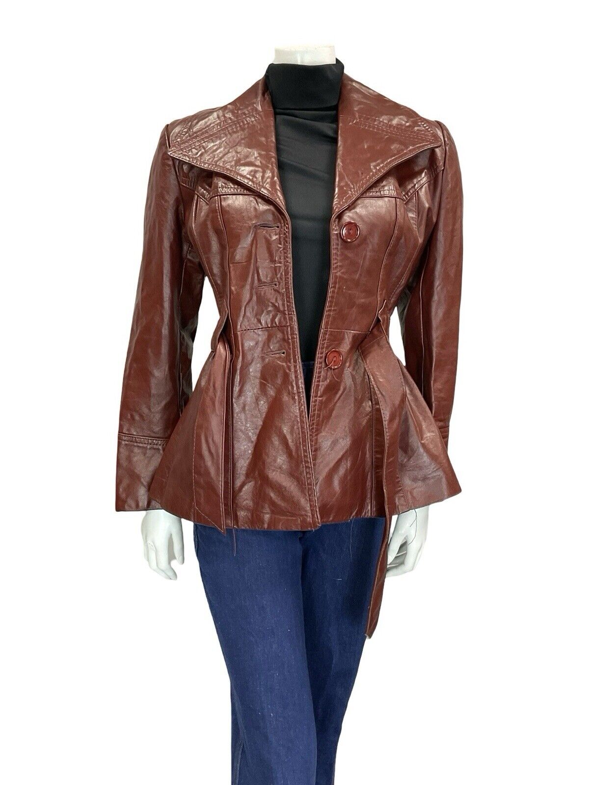 VTG 60S 70S OXBLOOD BURGUNDY RED TIE WAIST BUTTON DOWN LEATHER JACKET 12