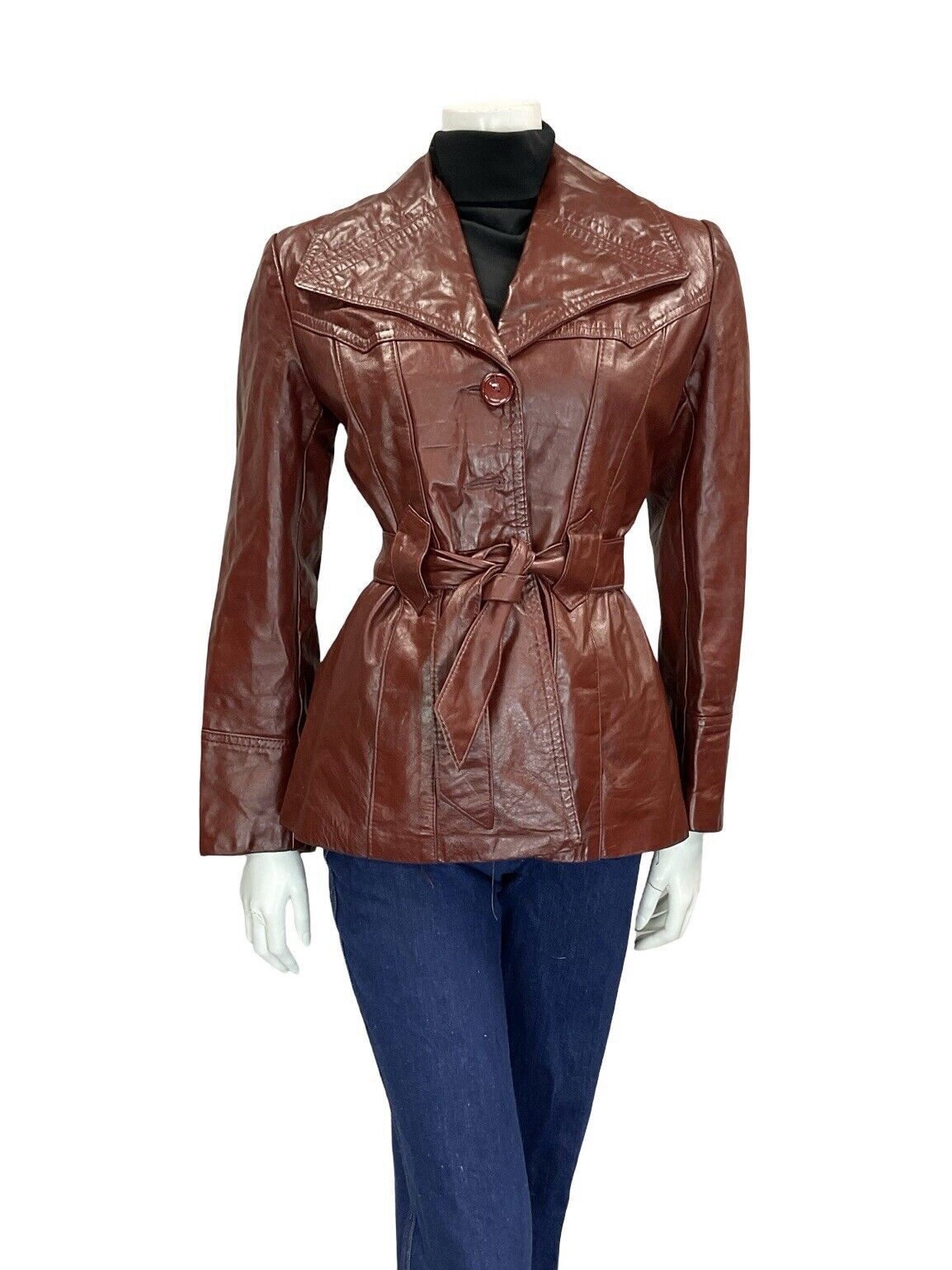VTG 60S 70S OXBLOOD BURGUNDY RED TIE WAIST BUTTON DOWN LEATHER JACKET 12