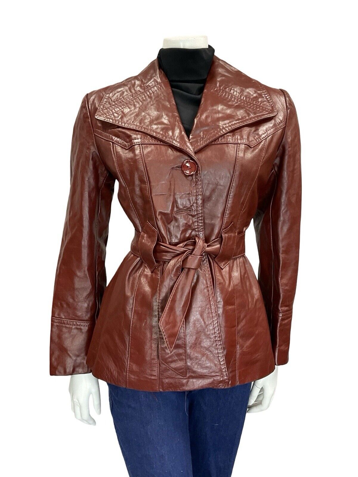VTG 60S 70S OXBLOOD BURGUNDY RED TIE WAIST BUTTON DOWN LEATHER JACKET 12