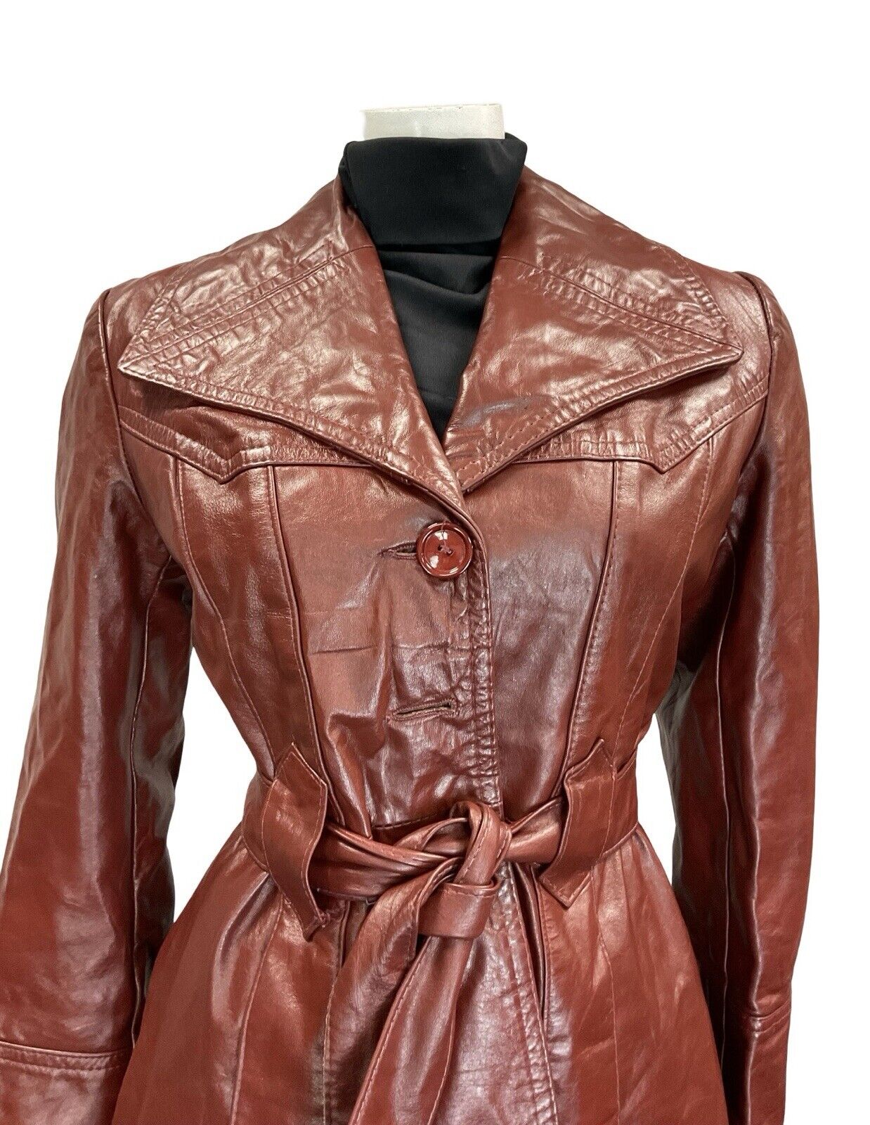 VTG 60S 70S OXBLOOD BURGUNDY RED TIE WAIST BUTTON DOWN LEATHER JACKET 12