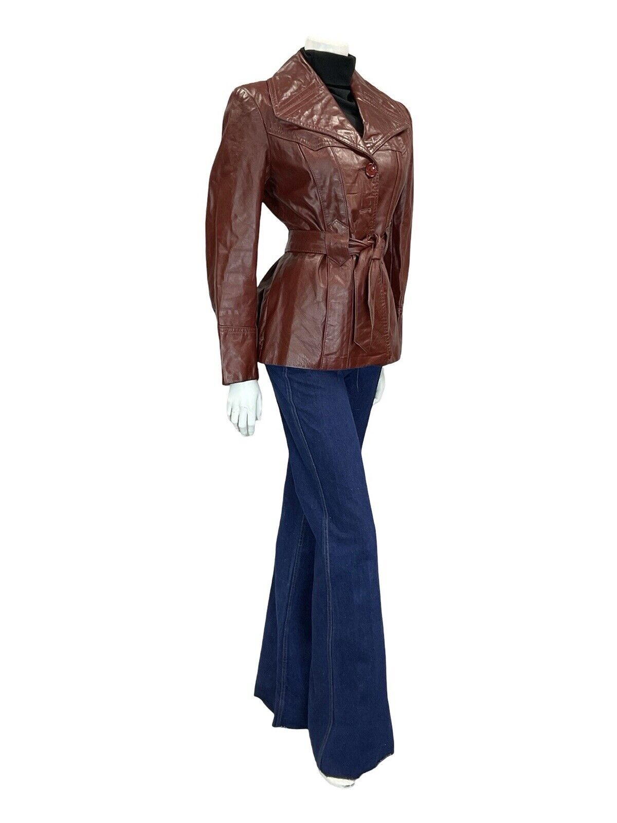 VTG 60S 70S OXBLOOD BURGUNDY RED TIE WAIST BUTTON DOWN LEATHER JACKET 12