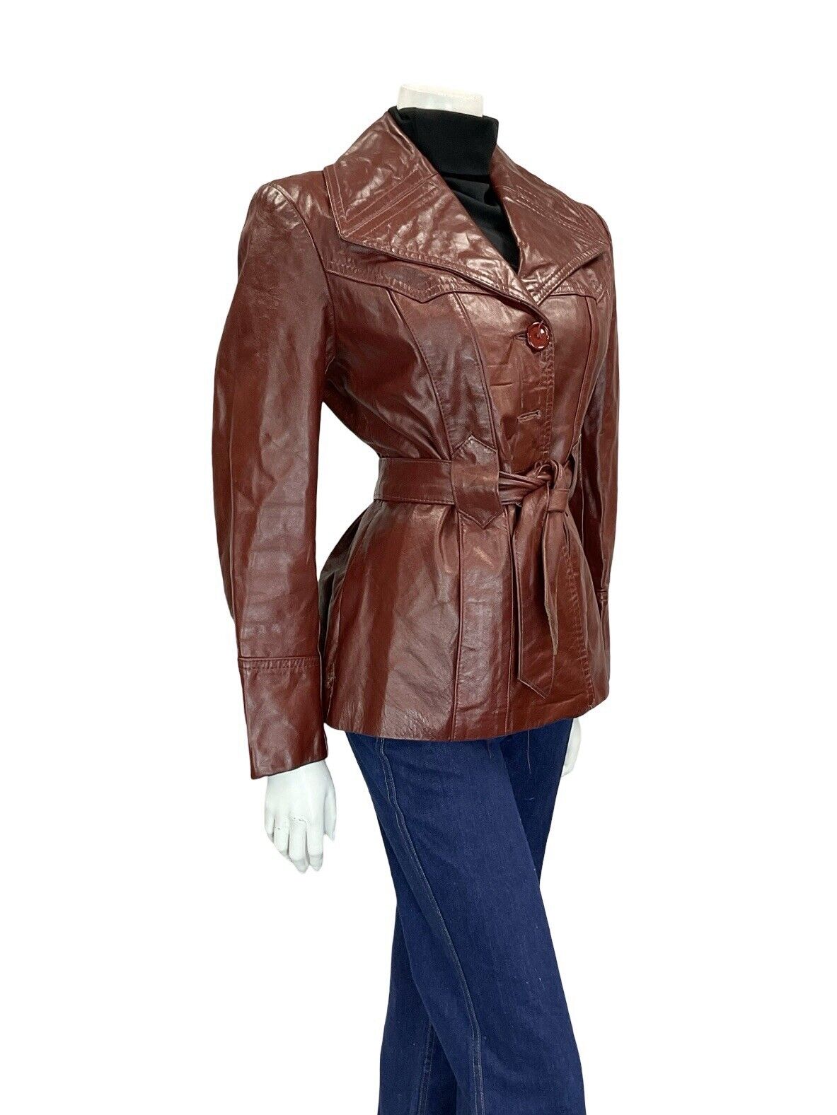 VTG 60S 70S OXBLOOD BURGUNDY RED TIE WAIST BUTTON DOWN LEATHER JACKET 12