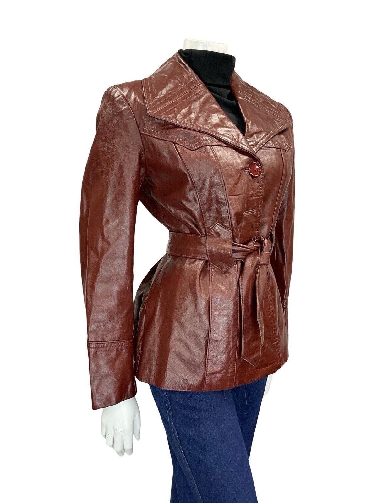 VTG 60S 70S OXBLOOD BURGUNDY RED TIE WAIST BUTTON DOWN LEATHER JACKET 12