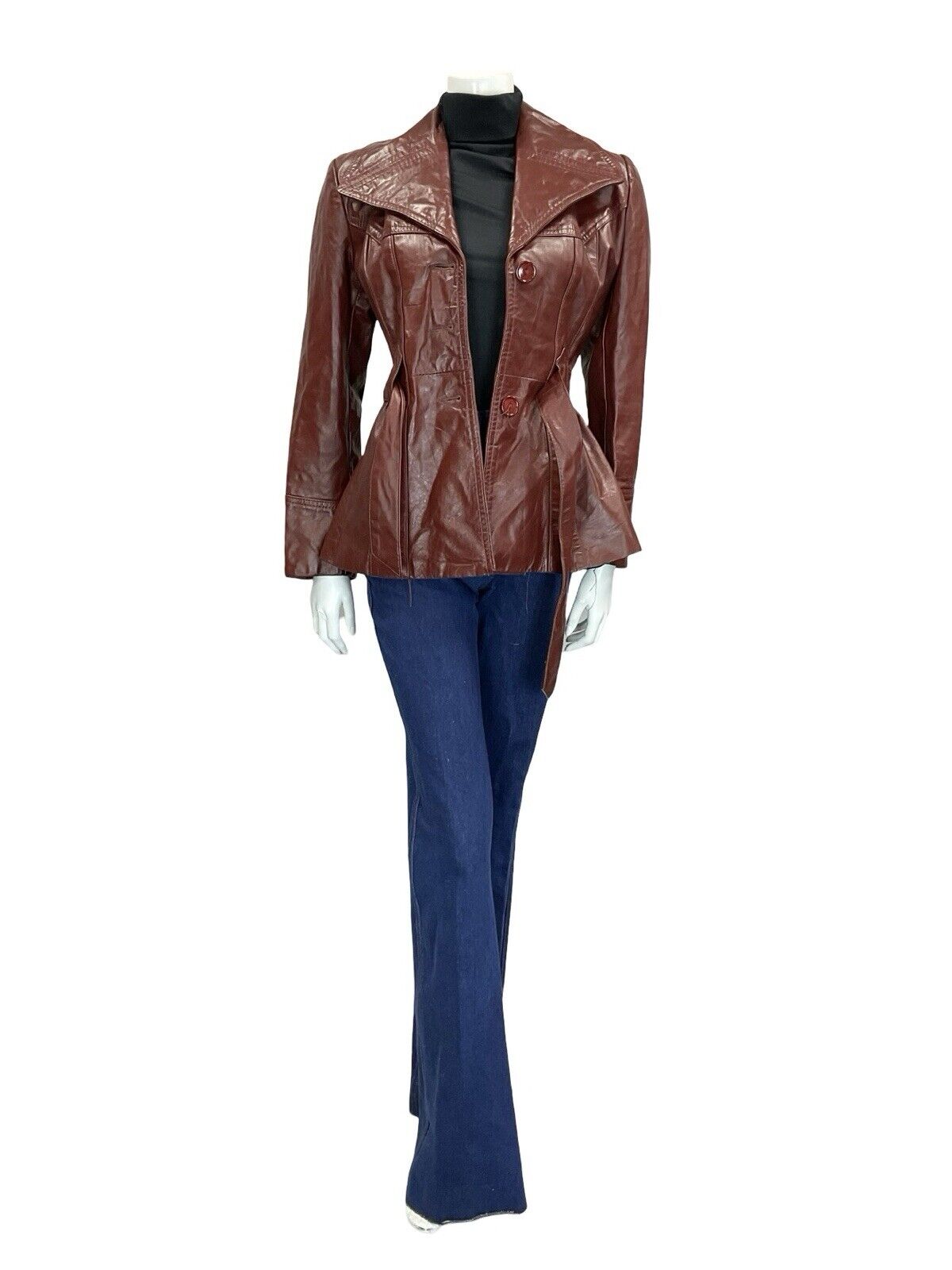 VTG 60S 70S OXBLOOD BURGUNDY RED TIE WAIST BUTTON DOWN LEATHER JACKET 12
