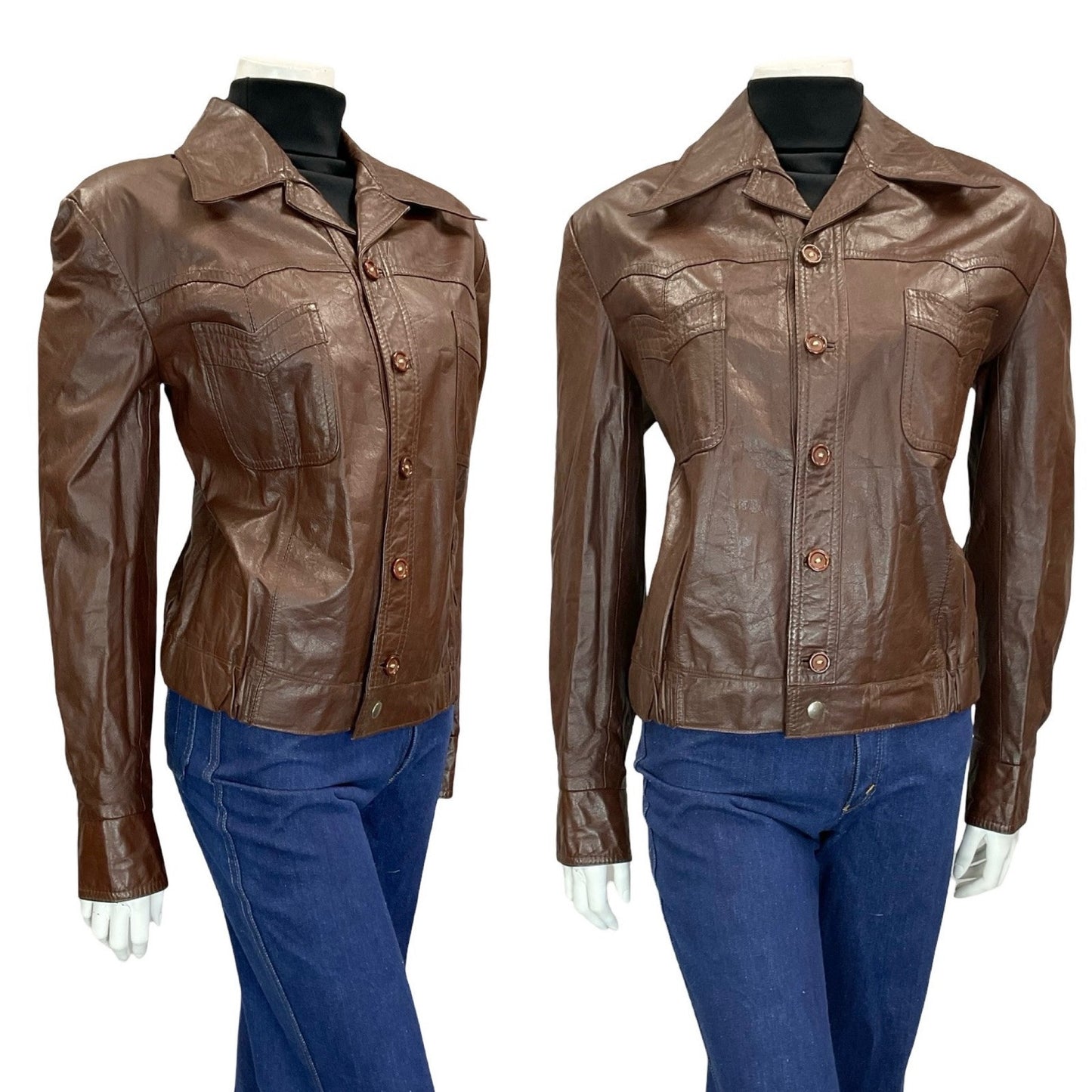 VTG 60S 70S MAHOGANY BROWN LEATHER DAGGER COLLAR ELASTICATED WAIST JACKET 16 L