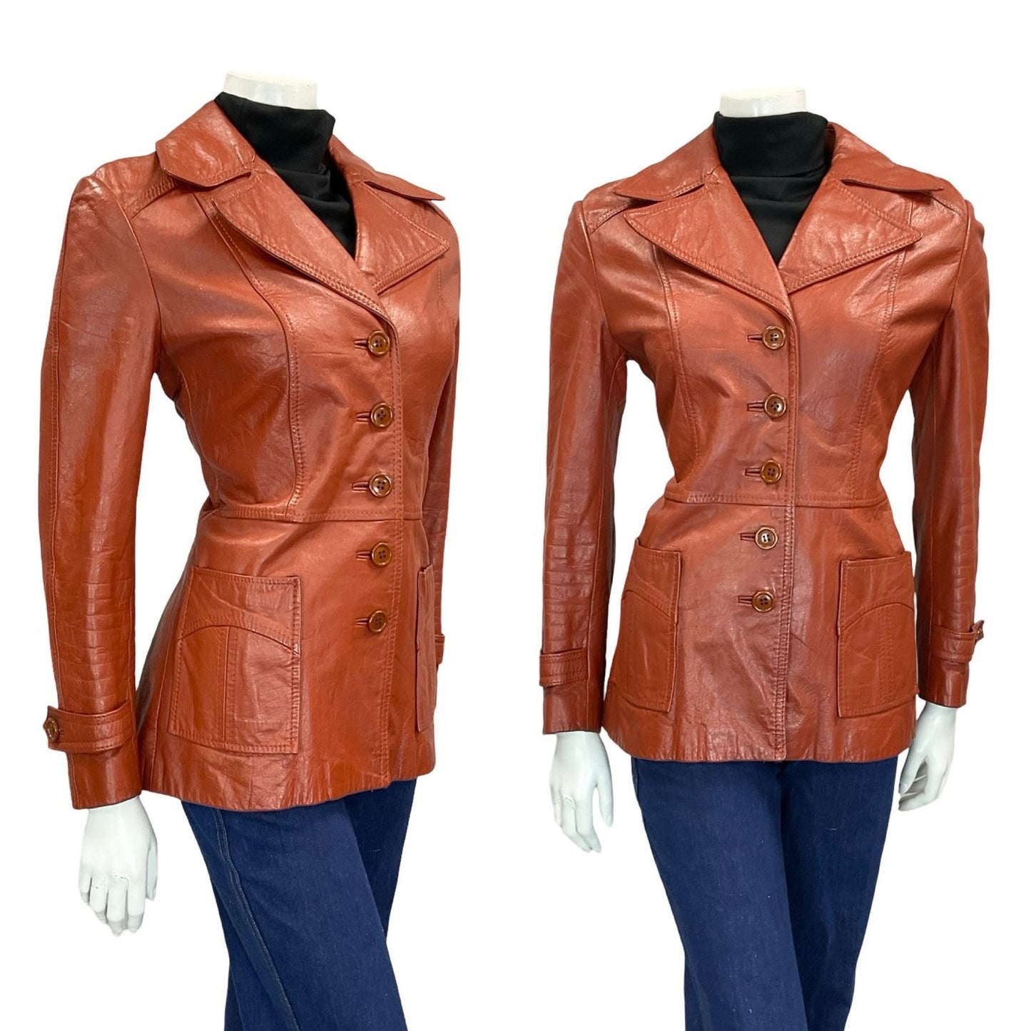 VTG 60S 70S RED TAN BROWN LEATHER POINTED NOTCH LAPEL BUTTON DOWN JACKET 10 12