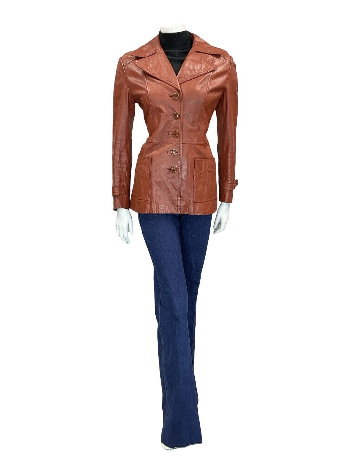 VTG 60S 70S RED TAN BROWN LEATHER POINTED NOTCH LAPEL BUTTON DOWN JACKET 10 12