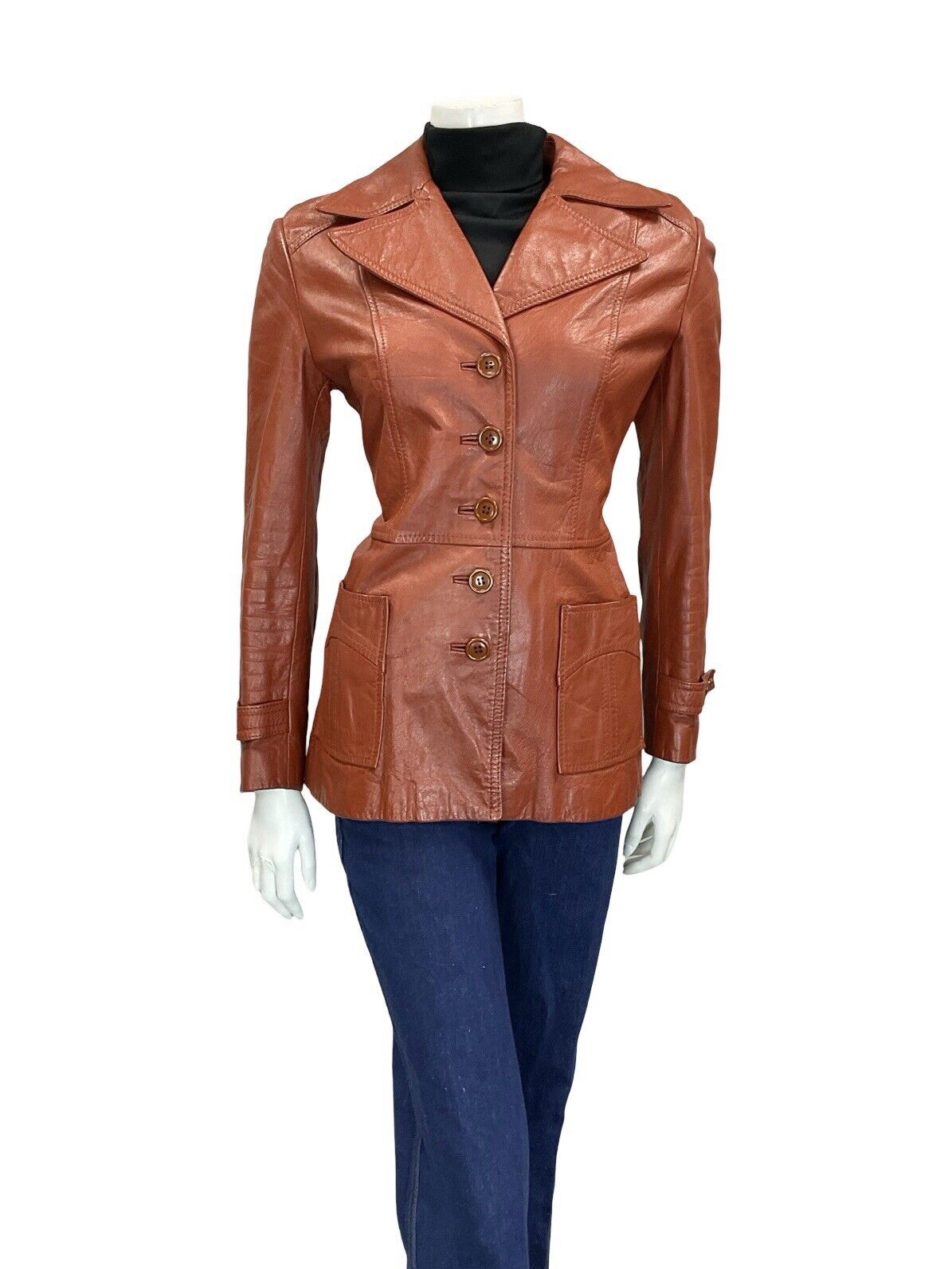 VTG 60S 70S RED TAN BROWN LEATHER POINTED NOTCH LAPEL BUTTON DOWN JACKET 10 12