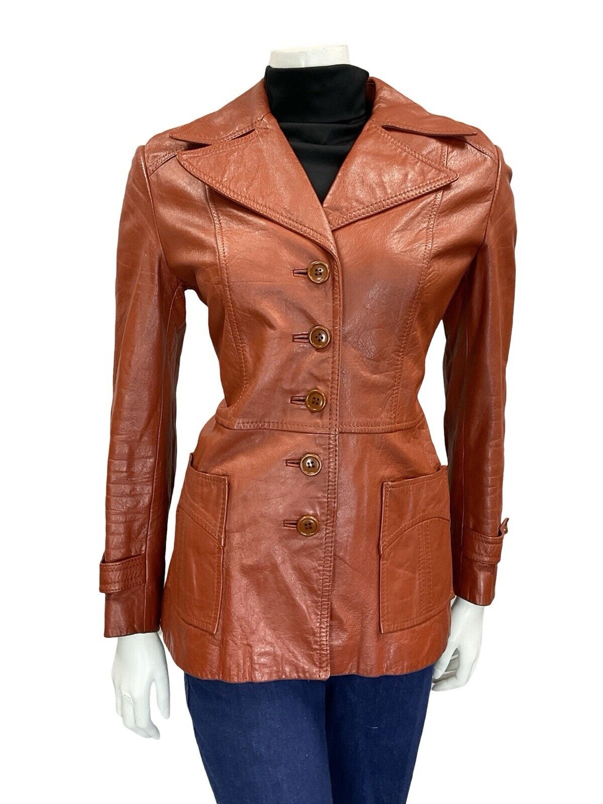 VTG 60S 70S RED TAN BROWN LEATHER POINTED NOTCH LAPEL BUTTON DOWN JACKET 10 12