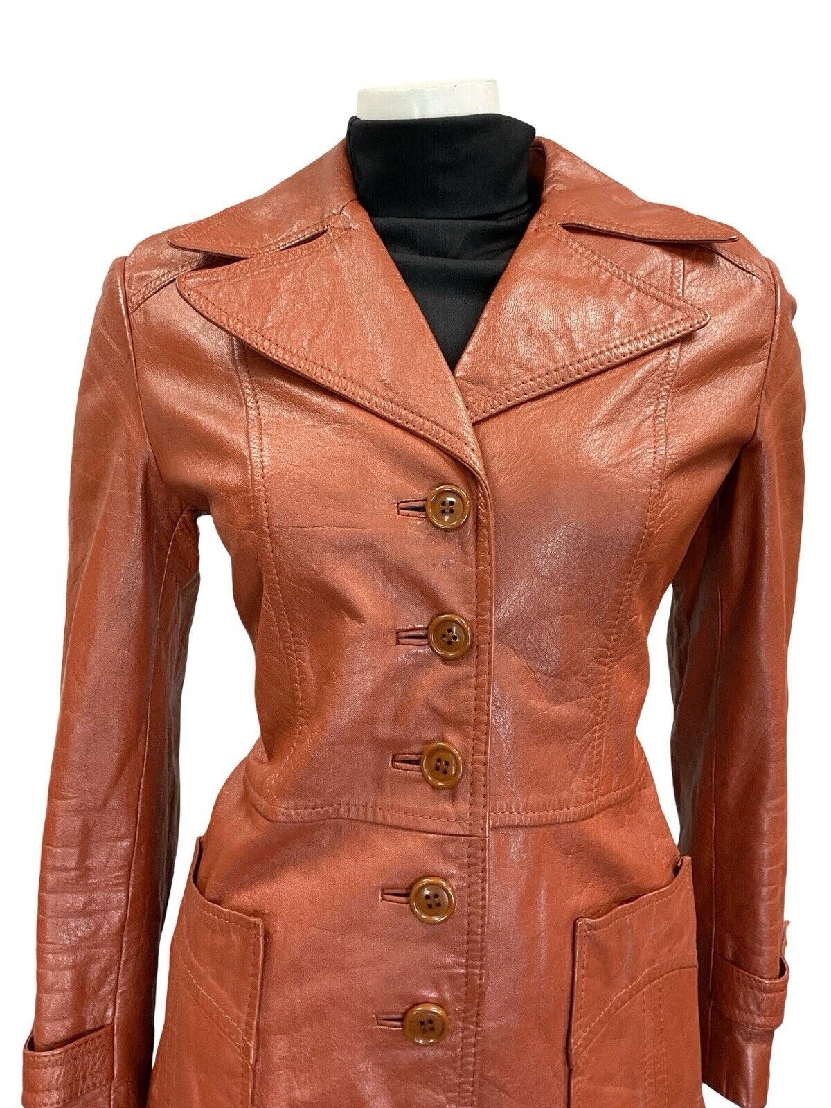 VTG 60S 70S RED TAN BROWN LEATHER POINTED NOTCH LAPEL BUTTON DOWN JACKET 10 12