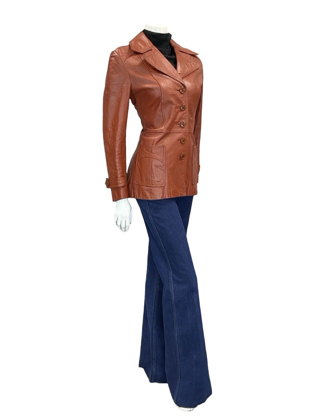 VTG 60S 70S RED TAN BROWN LEATHER POINTED NOTCH LAPEL BUTTON DOWN JACKET 10 12