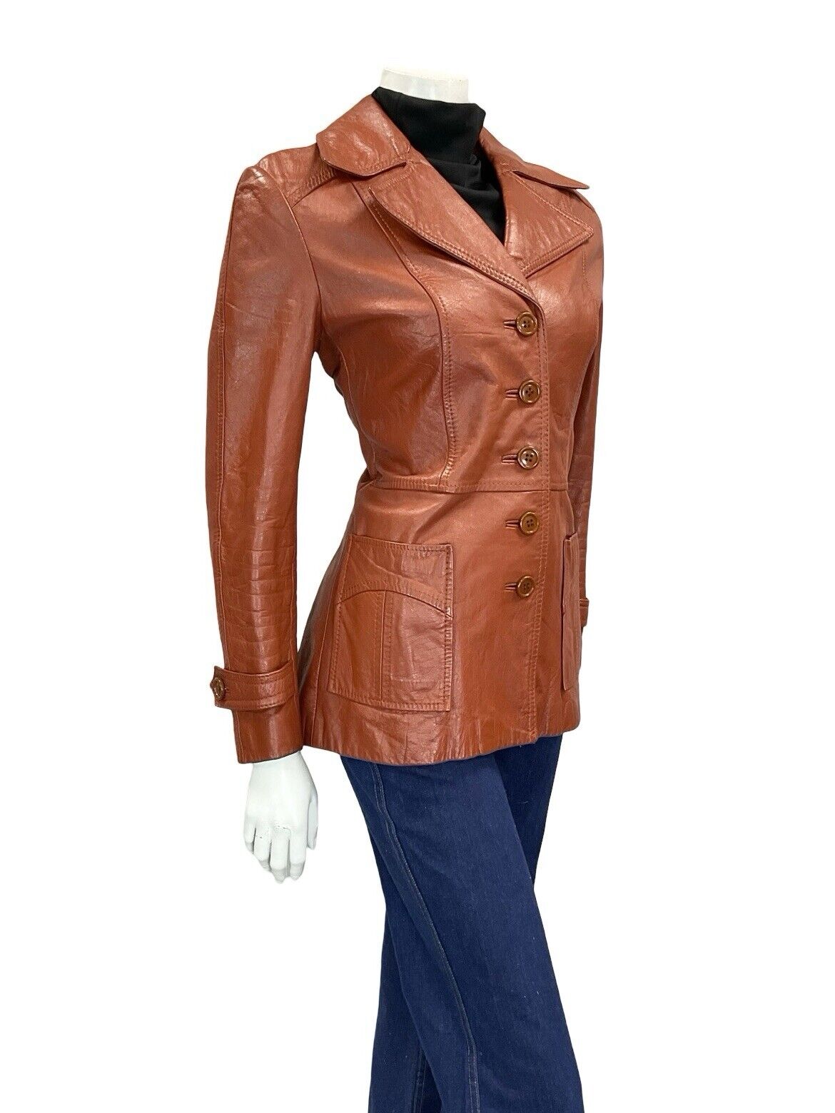 VTG 60S 70S RED TAN BROWN LEATHER POINTED NOTCH LAPEL BUTTON DOWN JACKET 10 12