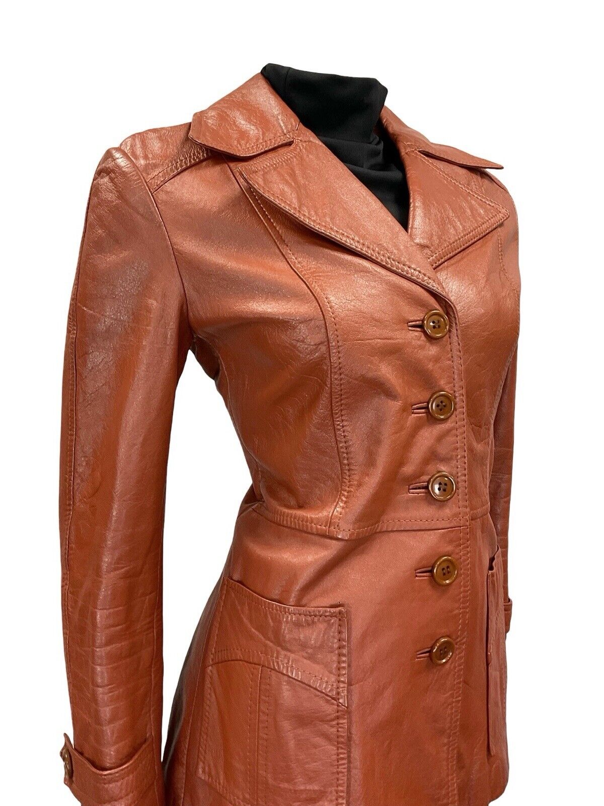 VTG 60S 70S RED TAN BROWN LEATHER POINTED NOTCH LAPEL BUTTON DOWN JACKET 10 12