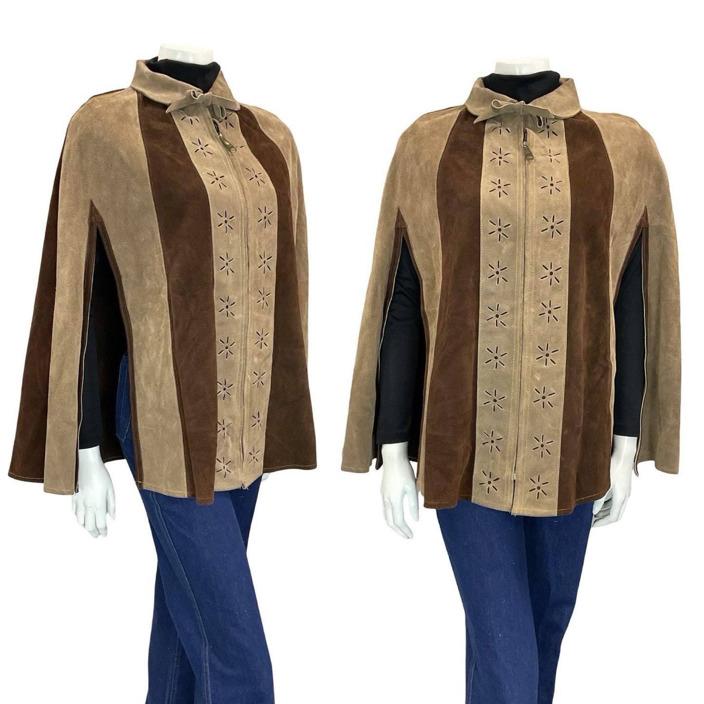 VTG 60S 70S BOHO GEOMETRIC FLOWER CUT OUT TWO TONE BROWN SUEDE CAPE 8 10 12