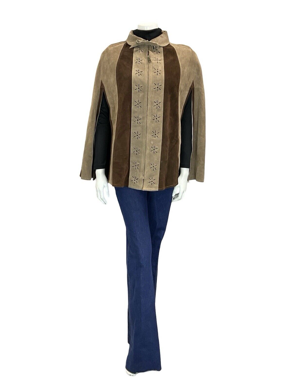 VTG 60S 70S BOHO GEOMETRIC FLOWER CUT OUT TWO TONE BROWN SUEDE CAPE 8 10 12