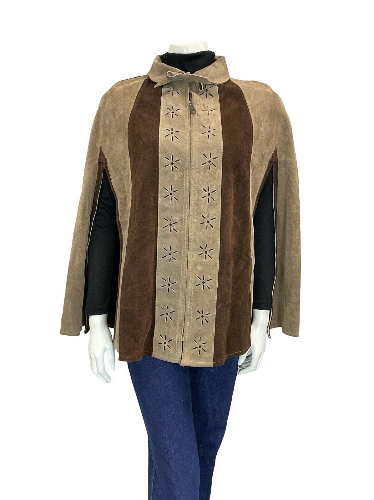 VTG 60S 70S BOHO GEOMETRIC FLOWER CUT OUT TWO TONE BROWN SUEDE CAPE 8 10 12