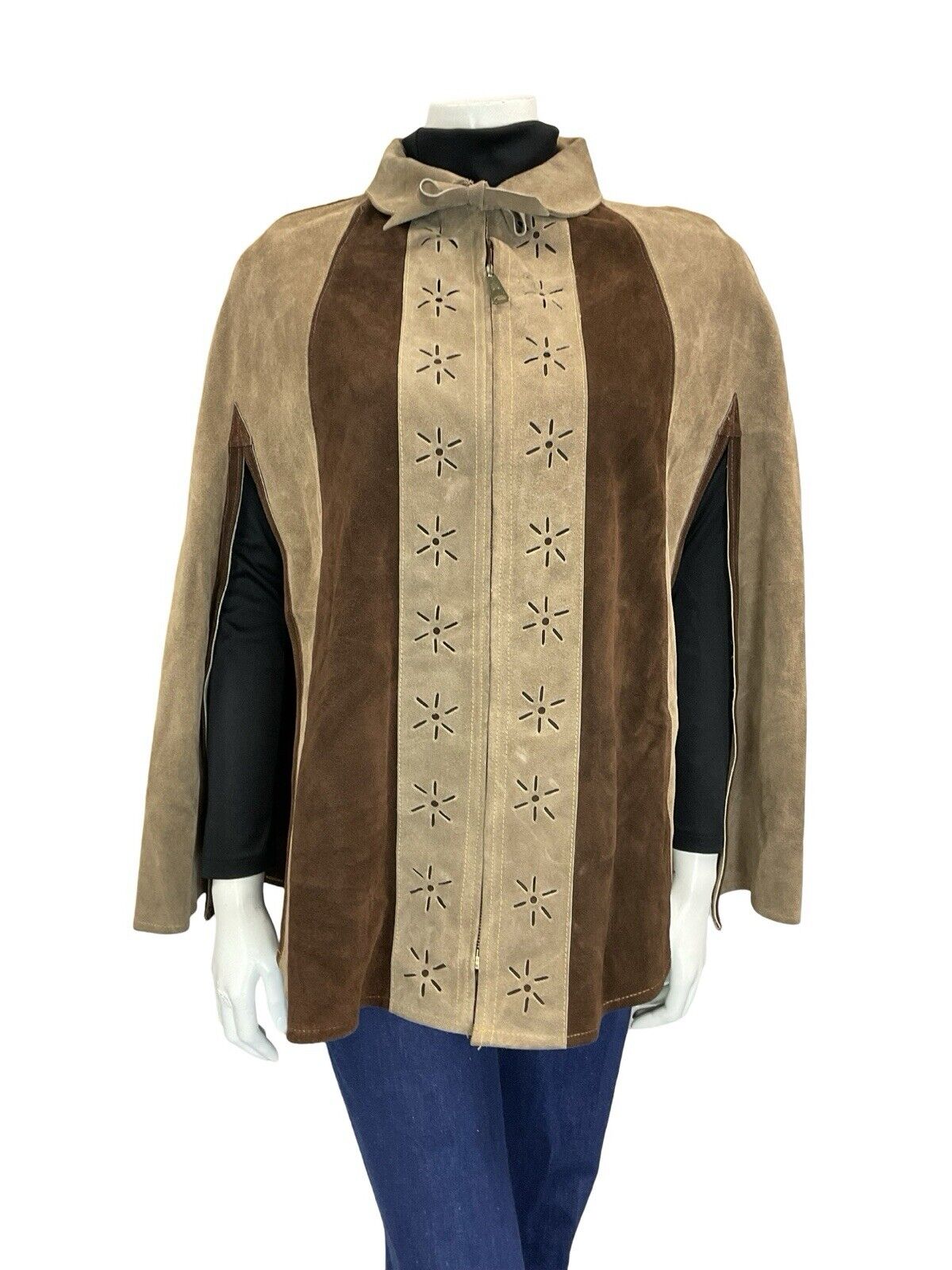 VTG 60S 70S BOHO GEOMETRIC FLOWER CUT OUT TWO TONE BROWN SUEDE CAPE 8 10 12