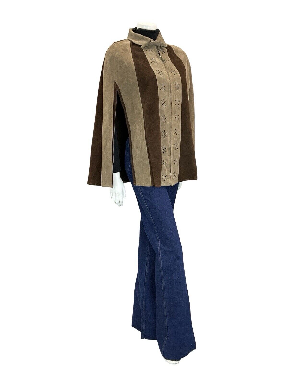 VTG 60S 70S BOHO GEOMETRIC FLOWER CUT OUT TWO TONE BROWN SUEDE CAPE 8 10 12