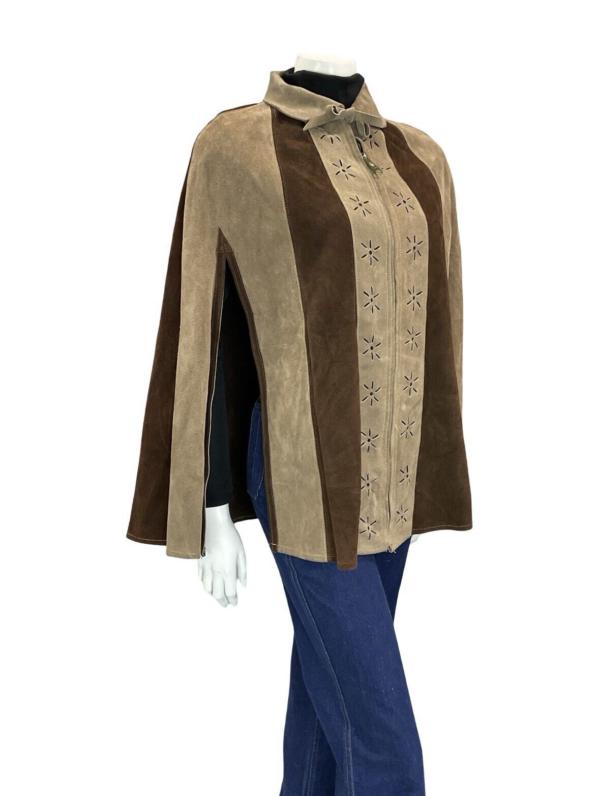 VTG 60S 70S BOHO GEOMETRIC FLOWER CUT OUT TWO TONE BROWN SUEDE CAPE 8 10 12