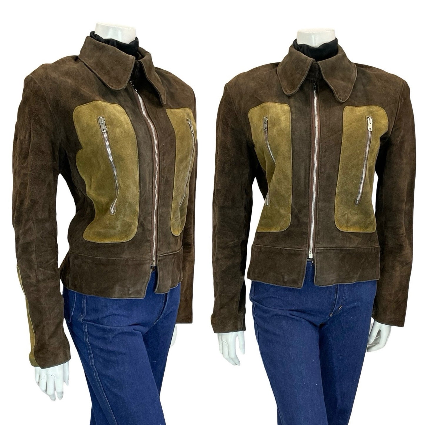VTG 60S 70S CHOCOLATE SAND BROWN SUEDE TWO TONE DOG EAR COLLAR JACKET 14