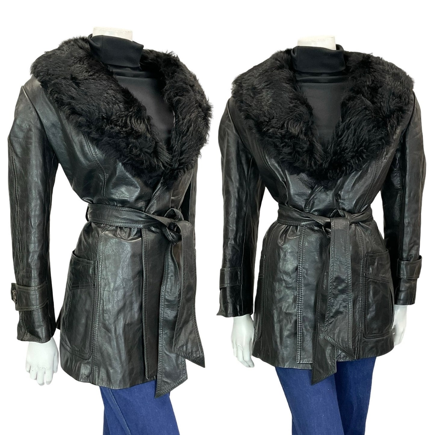 VTG 60S 70S JET BLACK BIKER LEATHER TIE WAIST FUR TRIM PLUNGING COLLAR JACKET 14