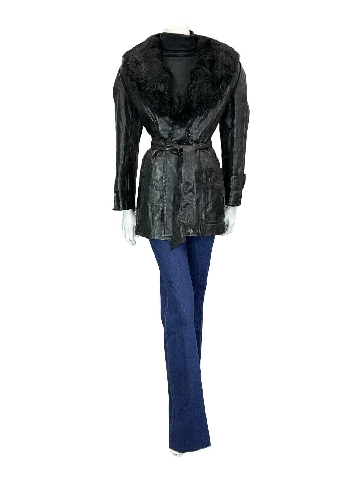 VTG 60S 70S JET BLACK BIKER LEATHER TIE WAIST FUR TRIM PLUNGING COLLAR JACKET 14