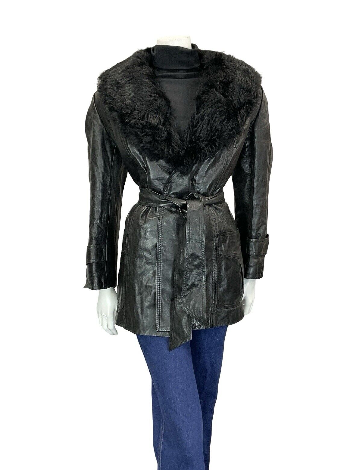 VTG 60S 70S JET BLACK BIKER LEATHER TIE WAIST FUR TRIM PLUNGING COLLAR JACKET 14
