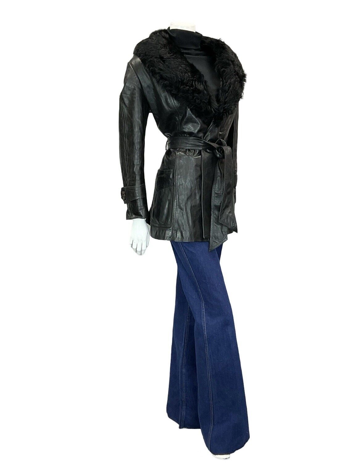 VTG 60S 70S JET BLACK BIKER LEATHER TIE WAIST FUR TRIM PLUNGING COLLAR JACKET 14