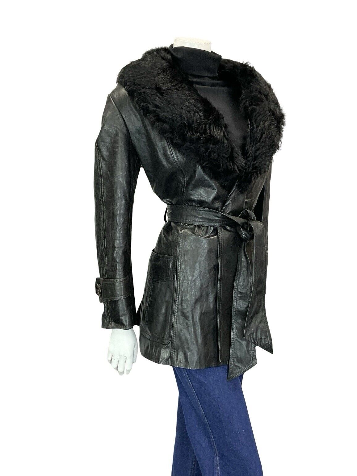 VTG 60S 70S JET BLACK BIKER LEATHER TIE WAIST FUR TRIM PLUNGING COLLAR JACKET 14
