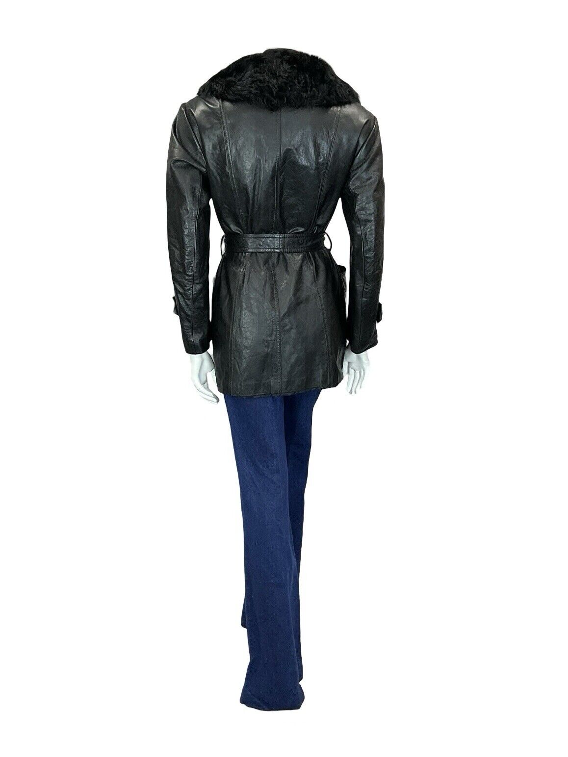 VTG 60S 70S JET BLACK BIKER LEATHER TIE WAIST FUR TRIM PLUNGING COLLAR JACKET 14