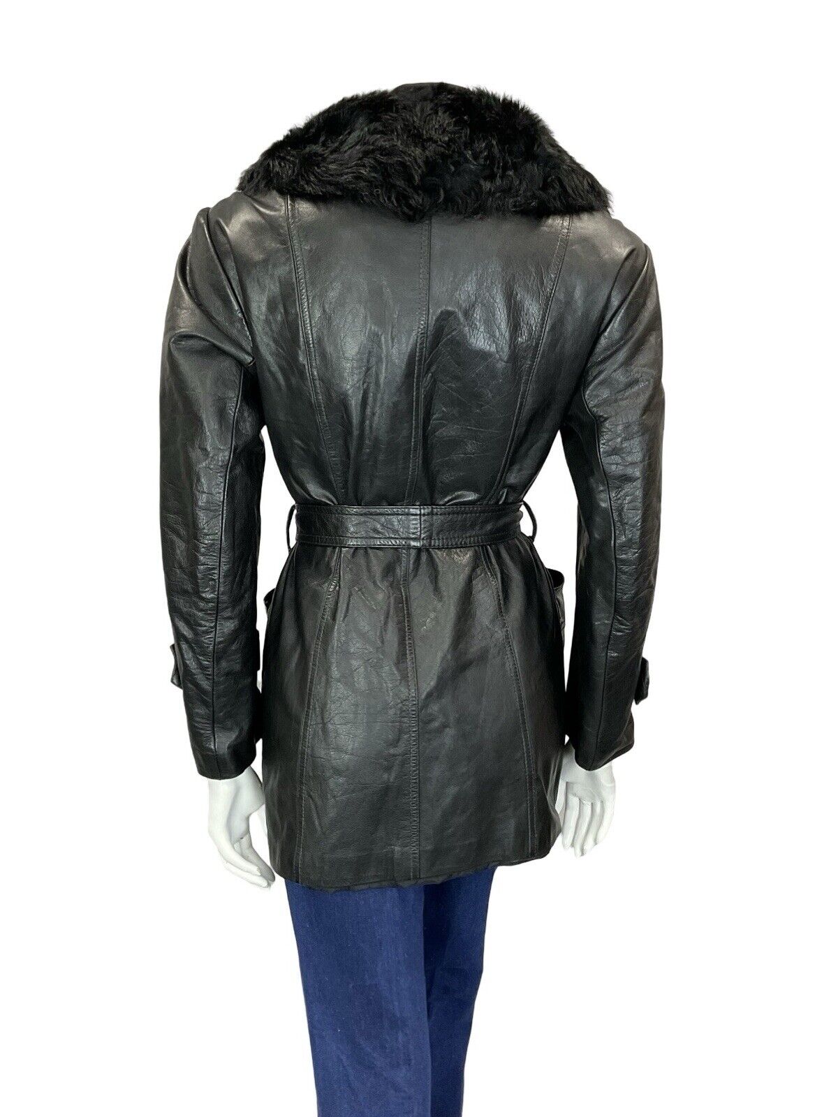 VTG 60S 70S JET BLACK BIKER LEATHER TIE WAIST FUR TRIM PLUNGING COLLAR JACKET 14