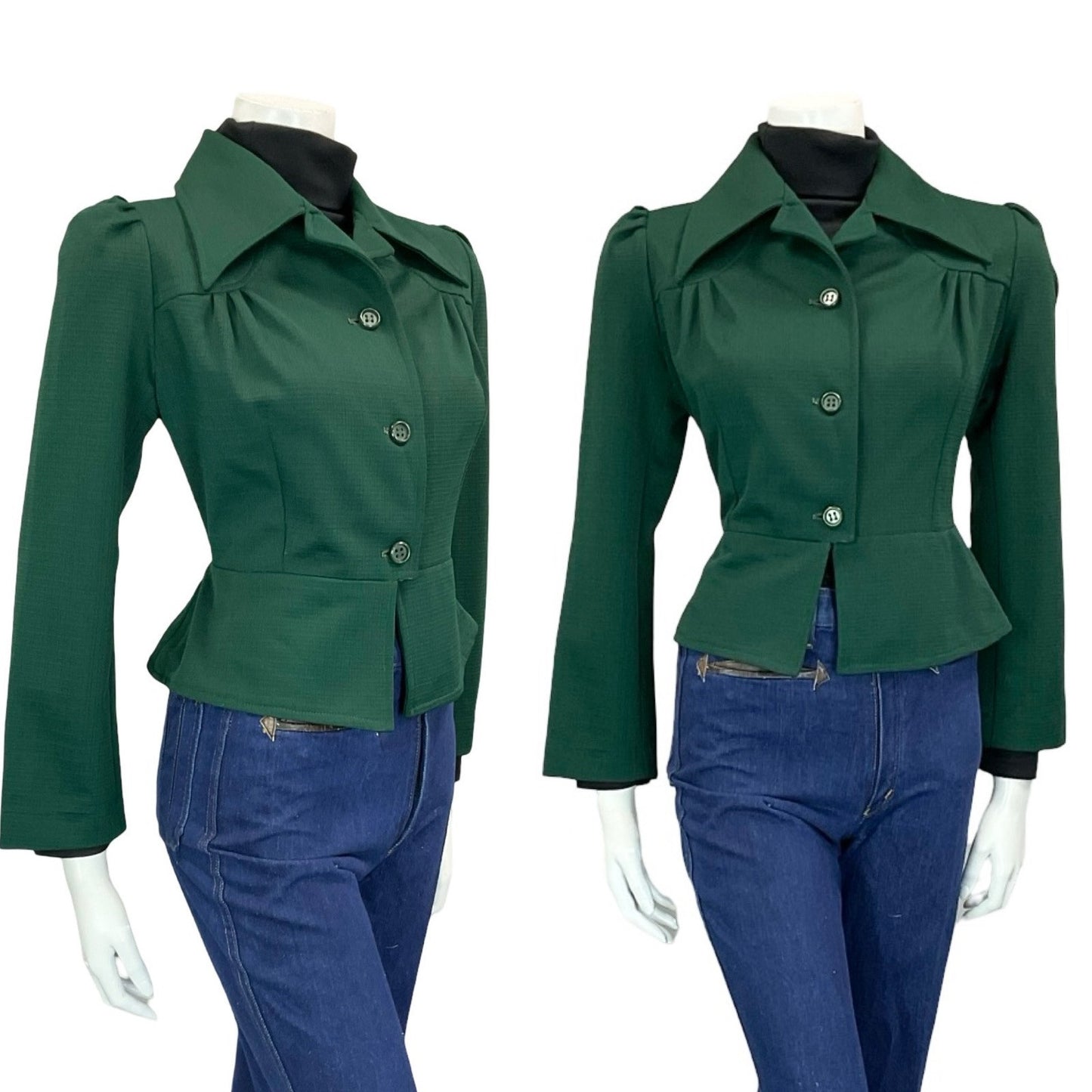 VTG 60S 70S FOREST GREEN TAILORED RUCHED CROPPED PEPLUM DAGGER COLLAR JACKET 10