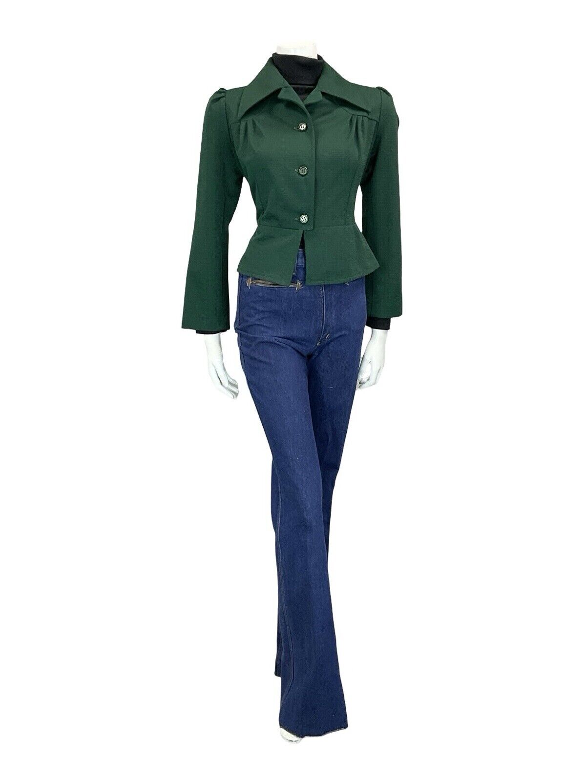 VTG 60S 70S FOREST GREEN TAILORED RUCHED CROPPED PEPLUM DAGGER COLLAR JACKET 10