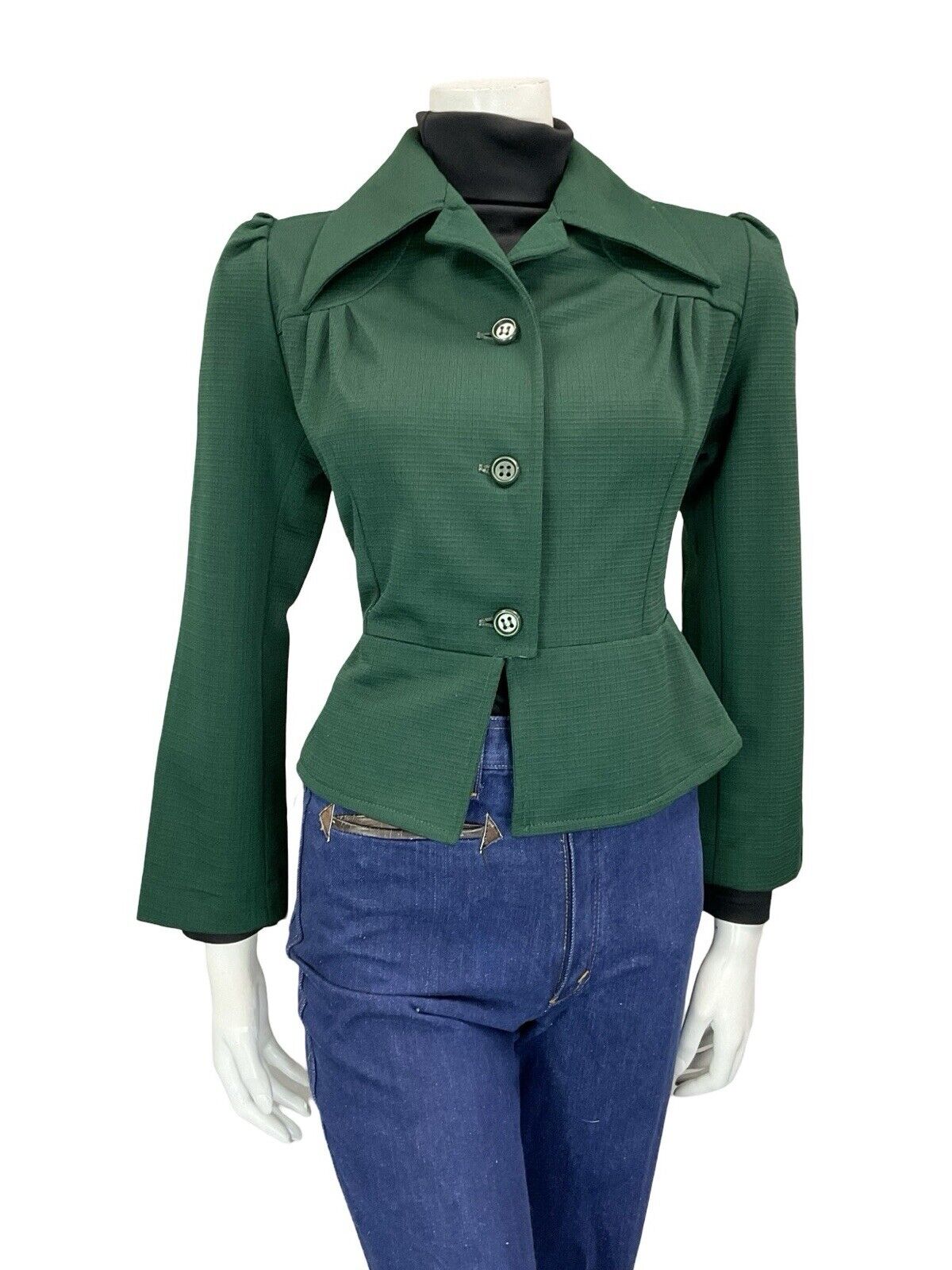 VTG 60S 70S FOREST GREEN TAILORED RUCHED CROPPED PEPLUM DAGGER COLLAR JACKET 10