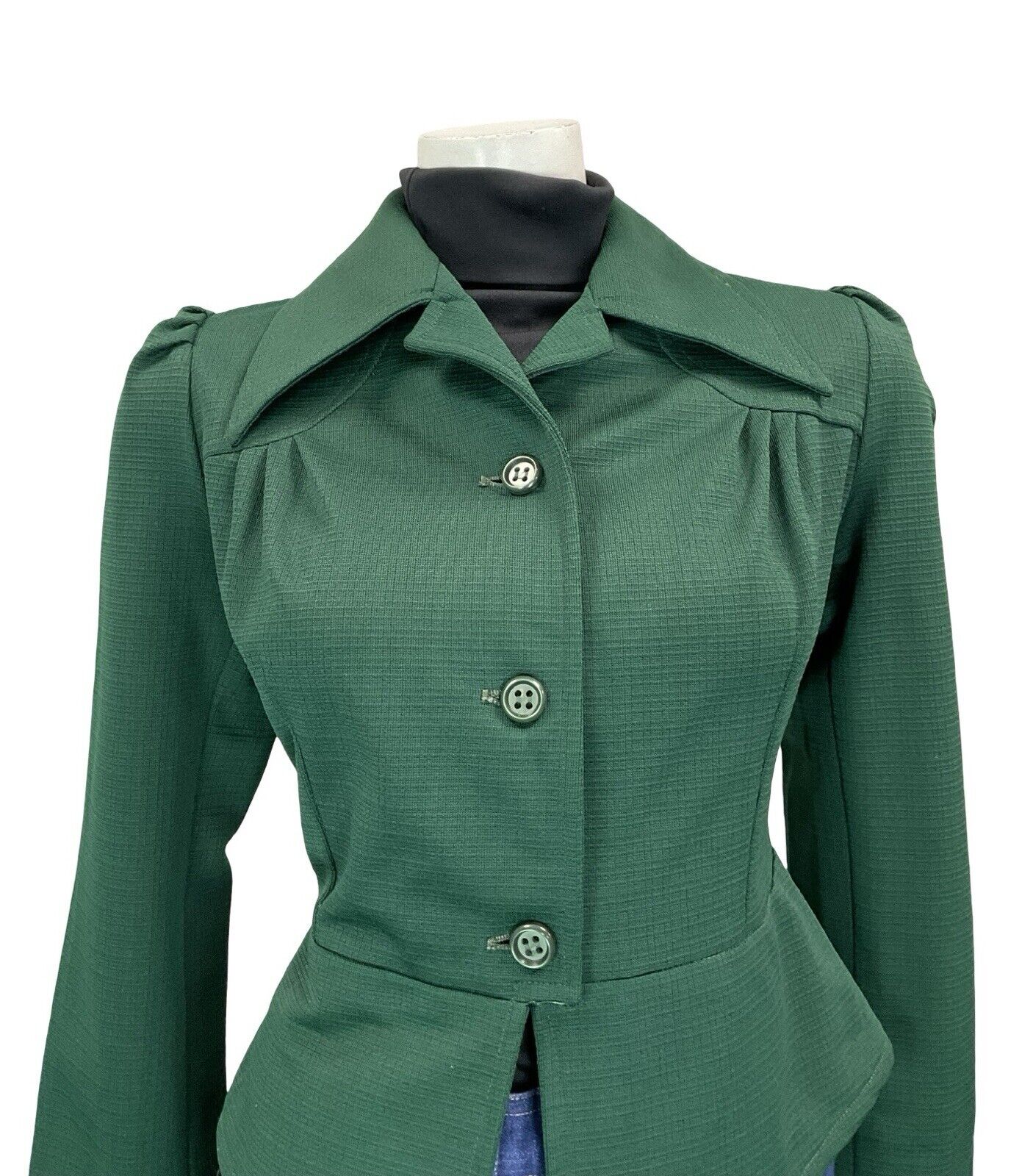 VTG 60S 70S FOREST GREEN TAILORED RUCHED CROPPED PEPLUM DAGGER COLLAR JACKET 10