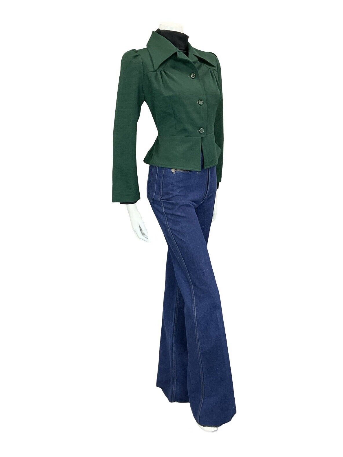 VTG 60S 70S FOREST GREEN TAILORED RUCHED CROPPED PEPLUM DAGGER COLLAR JACKET 10