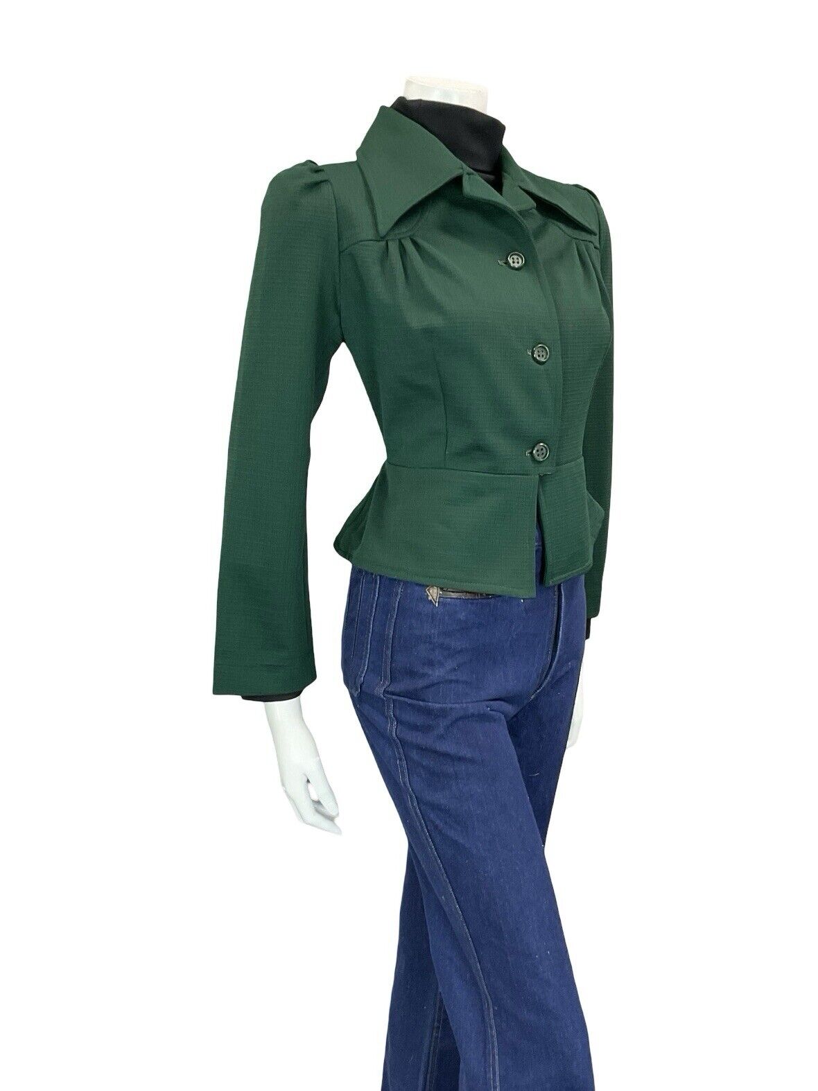 VTG 60S 70S FOREST GREEN TAILORED RUCHED CROPPED PEPLUM DAGGER COLLAR JACKET 10