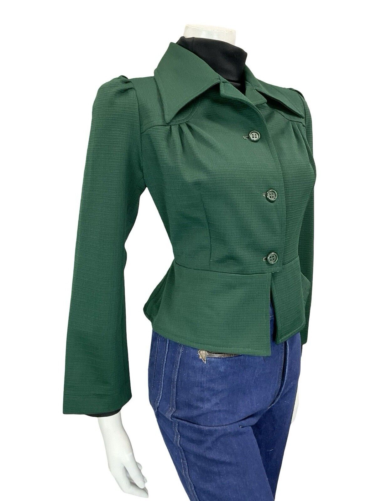 VTG 60S 70S FOREST GREEN TAILORED RUCHED CROPPED PEPLUM DAGGER COLLAR JACKET 10