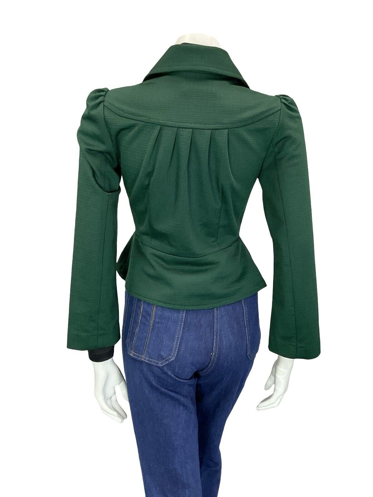VTG 60S 70S FOREST GREEN TAILORED RUCHED CROPPED PEPLUM DAGGER COLLAR JACKET 10