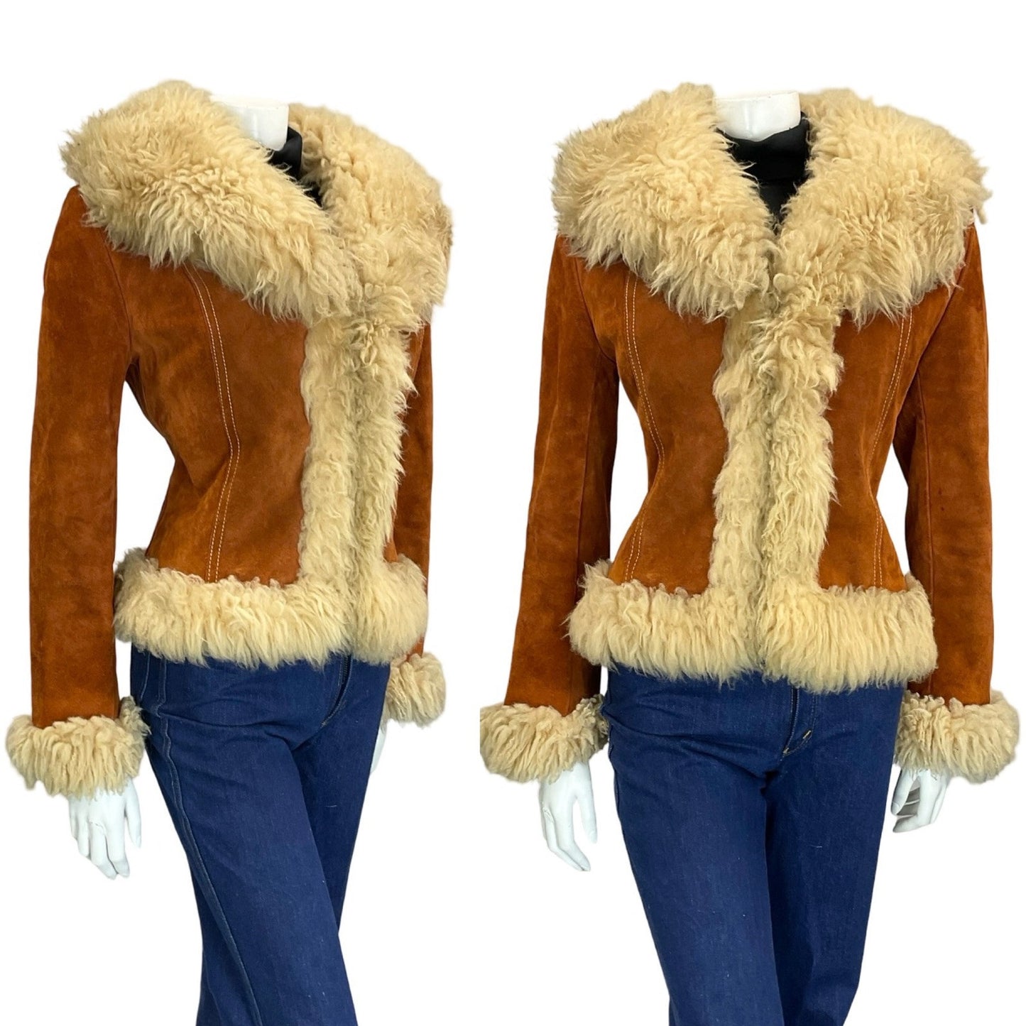 VTG 60S 70S PENNY LANE RUSTY BROWN SUEDE CREAM SHEARLING CROPPED BOHO COAT 8